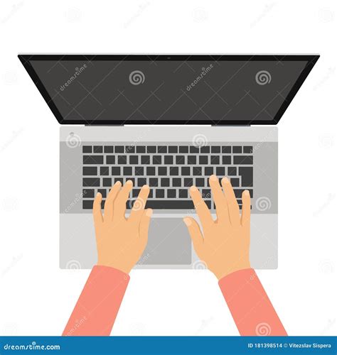 Flat Design Illustration Of Work Desk And Hand Typing On Silver Laptop