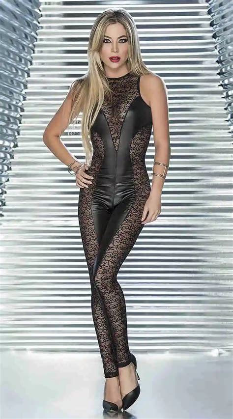 Women Sexy Lace Faux Leather Lingerie Jumpsuit Tight Erotic Fetish