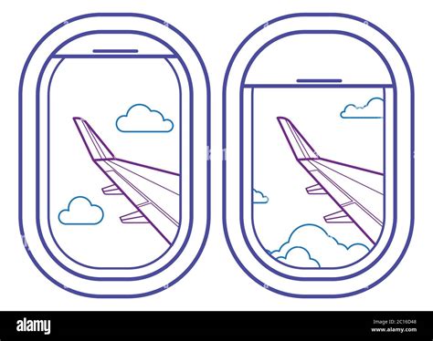 Airplane Window Icon Set With Cloudy Sky And Plane Wing View Stock