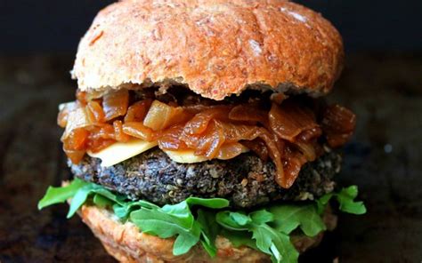 Mushrooms, provolone, whiskey glazed onions. Pan-Seared Mushroom Burgers With Caramelized Onions and ...