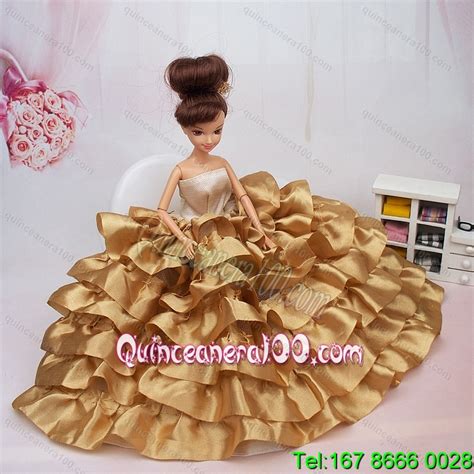 Luxurious Ball Gown Asymmetrical Gold Ruffled Layeres Clothes Party Fashion Dress For Noble