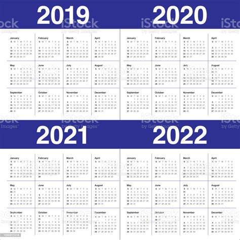 Year 2019 2020 2021 2022 Calendar Vector Design Template Stock