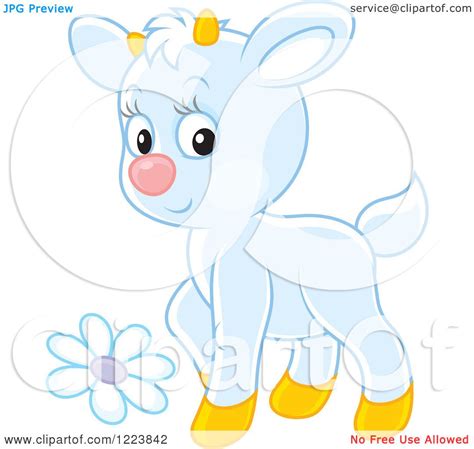 Clipart Of A Cute White Baby Goat With A Flower Royalty Free Vector