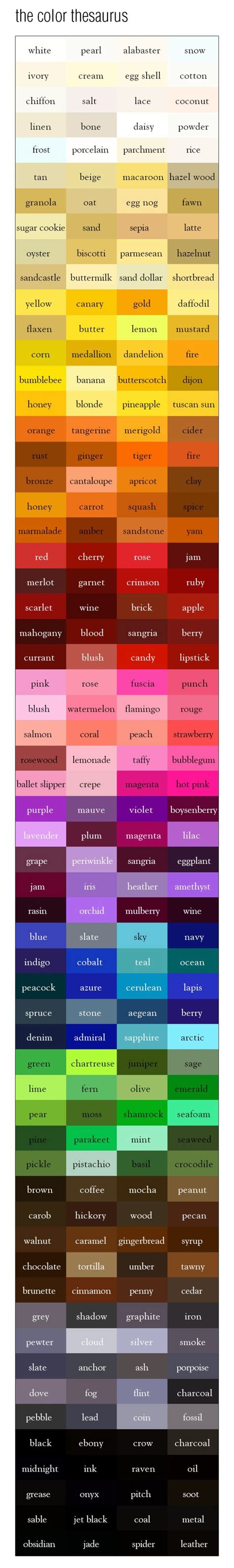 Full list of the official named colors from the css specification. The Color Thesaurus | Expand Your Vocabulary | The Tao of Dana