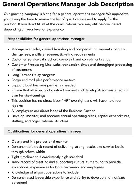 General Operations Manager Job Description Velvet Jobs