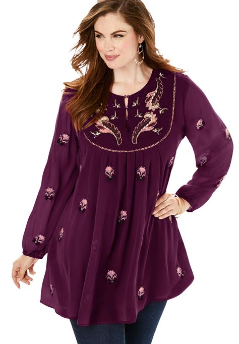 Roamans Roamans Womens Plus Size Embroidered Peasant Tunic Long