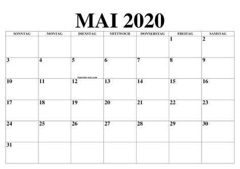 Frei Kalender Mai 2020 Zum Ausdrucken