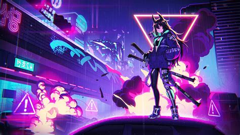 Wallpaper Cyberpunk Anime Girl Neo Seoul Swords Neon