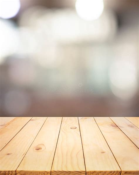 Wood Texture Table Top Counter Bar With Blur Light Abstract Bokeh In