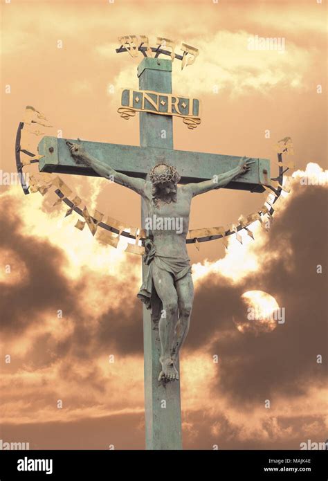 Jesus Christ On Cross Sunset Stock Photo Alamy