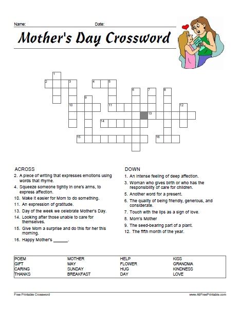 Free Mother S Day Crossword Puzzle Printable Gambaran