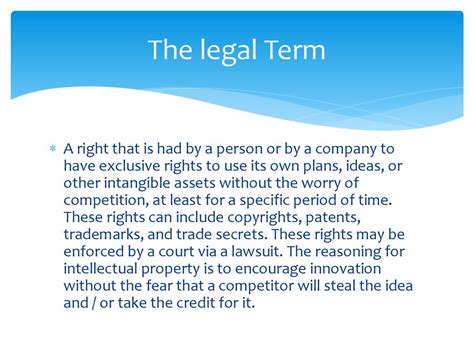 Intellectual property (ip) is a category of property that includes intangible creations of the human intellect. The Definition of Intellectual Property Rights ...