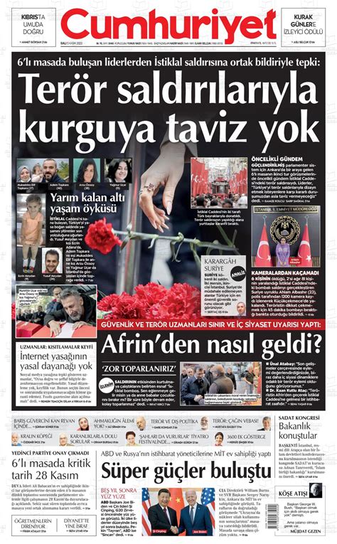 15 Kasım 2022 Tarihli Cumhuriyet Gazete Manşetleri