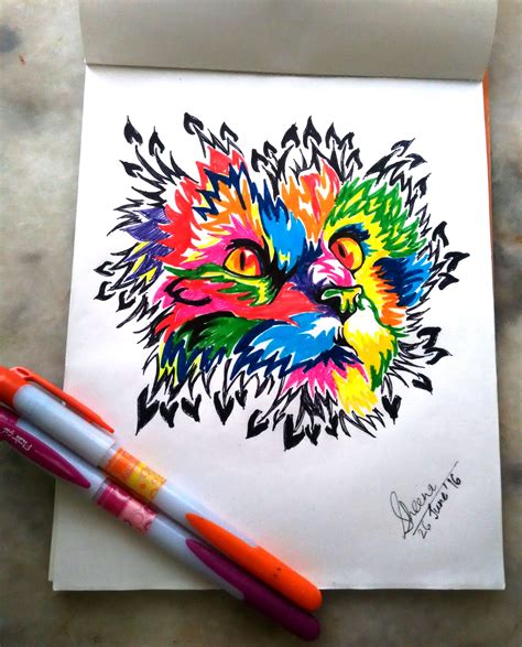 Colorful Drawing Of A Cat Made By Sketch Pens Black Bold Marker And