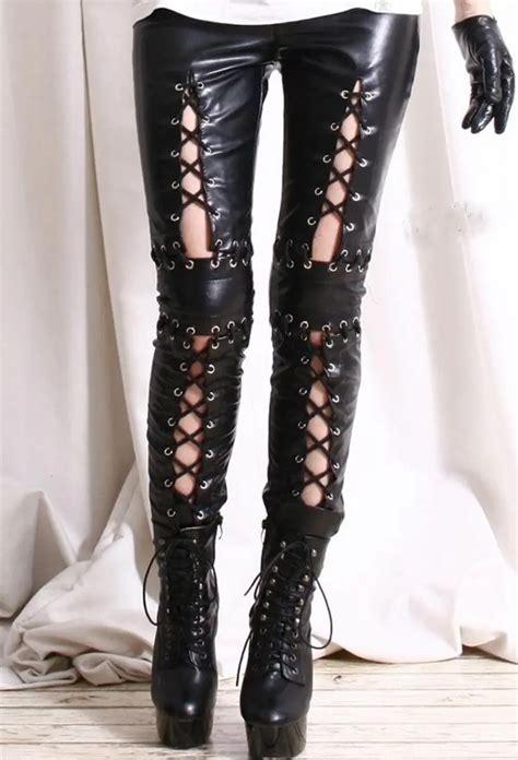 women gothic lace up pant punk rock faux leather pants lady party night bar sexy leather