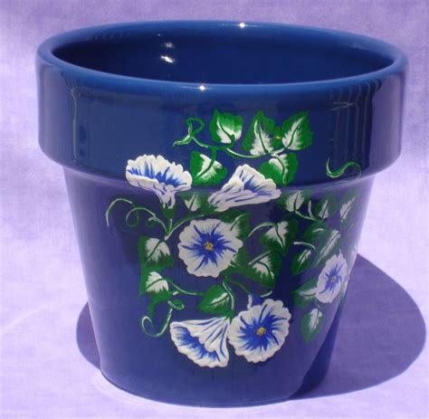 Hand Painted Blue Flowerpot With White And Cobalt Blue Flowers Flower
