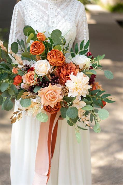 Small Cascade Bridal Bouquet In Sunset Terracotta Fall Wedding