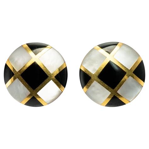 Tiffany And Co 18k Yellow Gold Onyx And Mother Of Pearl Clip On Earrings For Sale At 1stdibs