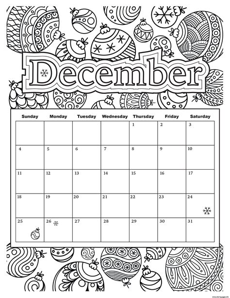 December Calendar Holiday Coloring Page Printable