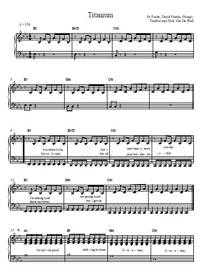 This has the piano part transcribed for guitar, as well as the bass part, and a simple interpretation of the drums. David Guetta Titanium Piano sheet | music | Pinterest ...