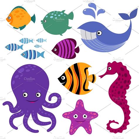 Cartoon Smiling Sea Animals ~ Illustrations ~ Creative Market
