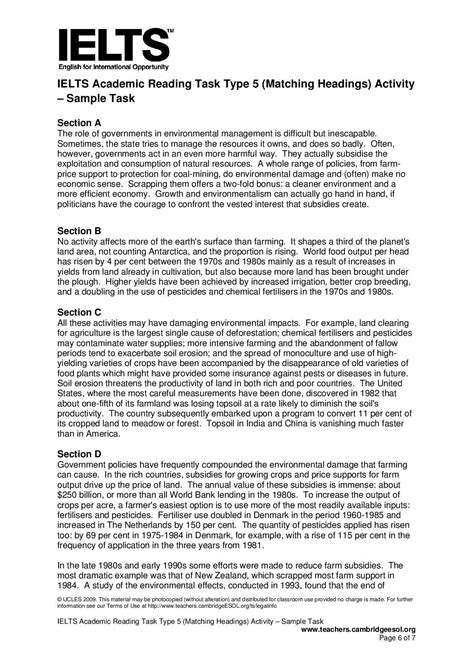 Ielts Academic Reading Task Type 5 Matching Headings Activity