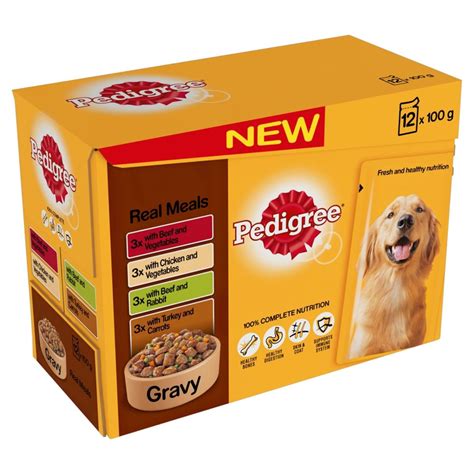 Then a gravy that contains vitamins, minerals, and grains is added. Pedigree Wet Dog Food Pouches (Adult) - Real Meal in Gravy ...