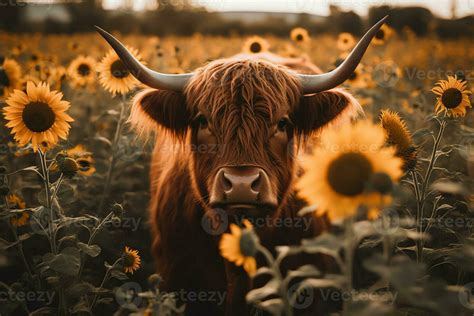 Highland Cow Face With Many Various Sunflowers 23377976 Stock Photo At