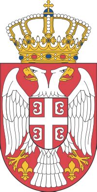 Red background with two coat of arms (the. Serbia