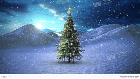 Snow Falling On Christmas Tree In Snowy Landscape Stock Animation 5859414