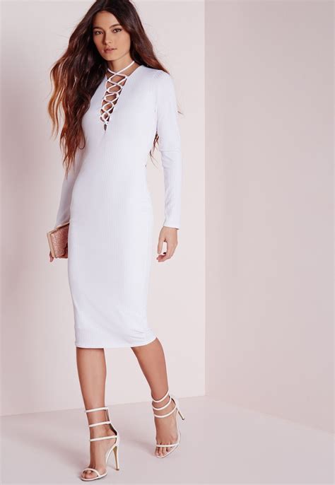 Missguided Ribbed Long Sleeve Lace Up Midi Dress White White Midi