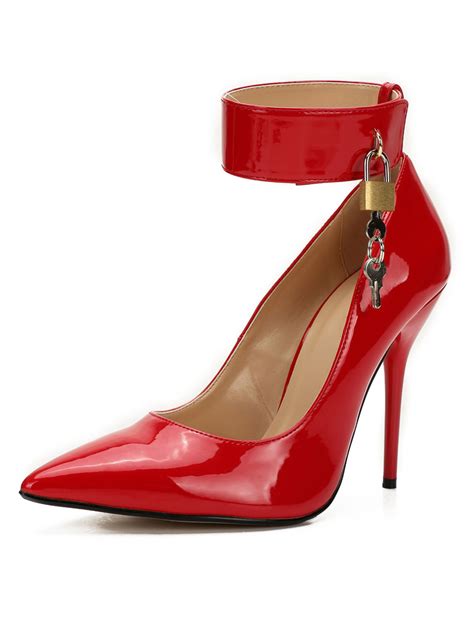 Red Sexy Shoes High Heels Pointed Toe Metal Detail Stiletto Heel Ankle Strap Pumps