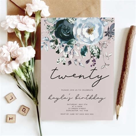 Blush Floral Printable 20th Birthday Invitation Instant Etsy