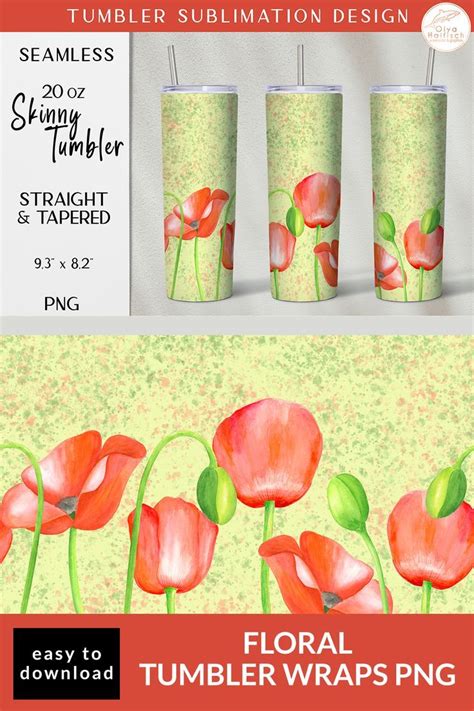 Floral Tumbler Sublimation Oz Skinny Tumbler Wrap Png In Red