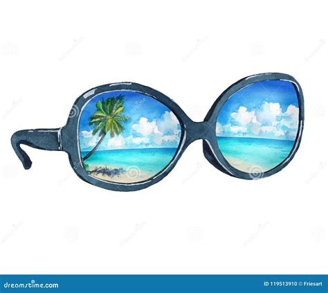 Watercolor Illustration Of Sunglasses With Reflection Of The Tropical