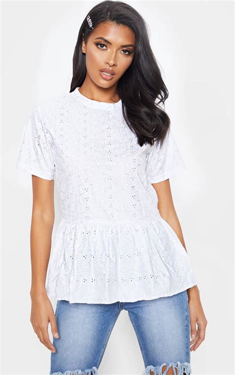 White Oversized Broderie Smock Top Tops Prettylittlething