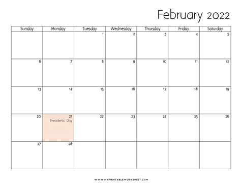 February 2022 Calendar Printable With Holidays Blank Image And Pdf