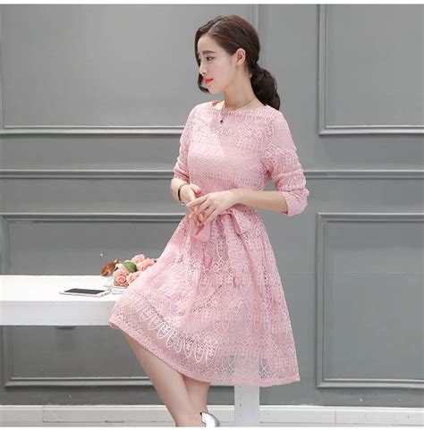 korean long sleeved lace pink dress