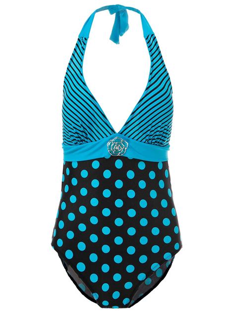 17 Off 2021 Sexy Halter Polka Dot Striped One Piece Womens Swimwear In Lake Blue Dresslily