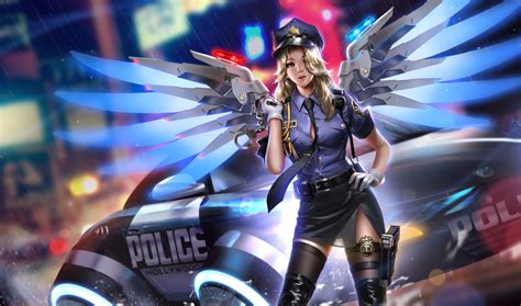 Liang Xing Women Police Blonde Mercy Overwatch Digital Art