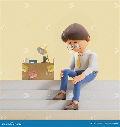 3d Rendering Cartoon Man With Cardboard Box Sitting On Stairs Fired
