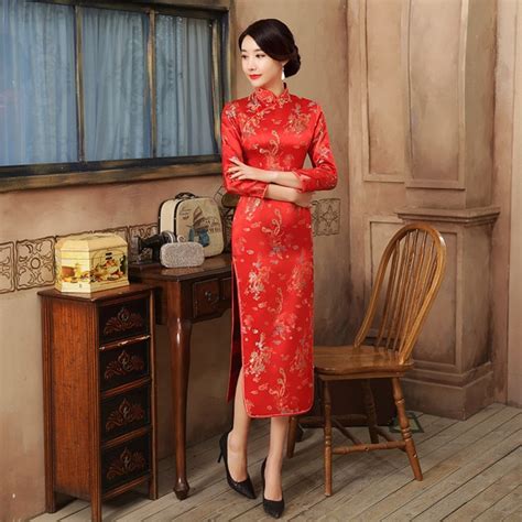 2019 women chinese traditional cheongsam dress red satin chinese new year retro wedding dress