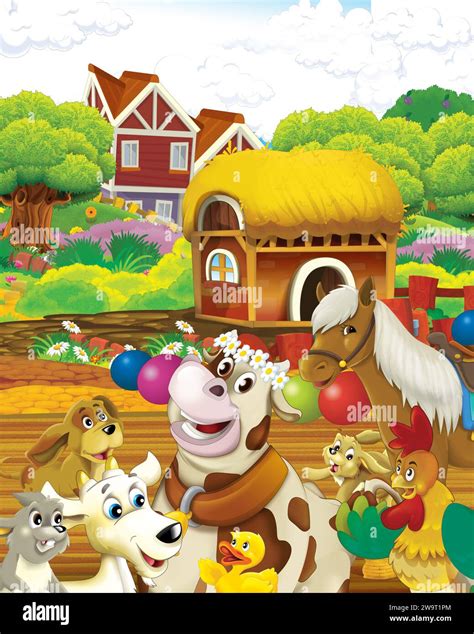Cartoon Scene With Cow Having Fun On The Farm On White Background