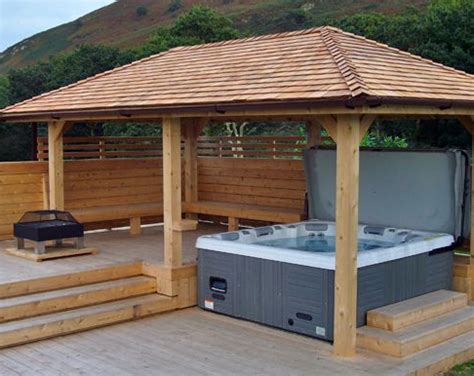 Wood enclosures, which are the most popular option, are usually made from cedar to prevent rot. Hot Tub Enclosures: Some Inspiration | H2O Hot Tubs UK