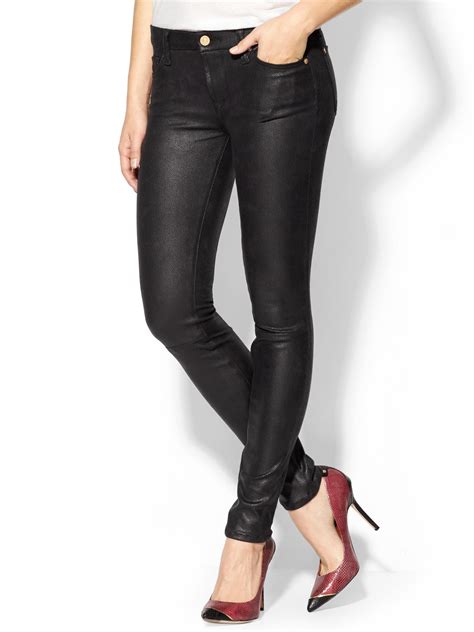 7 For All Mankind Crackle Faux Leather Knee Seam Skinny In Black Lyst