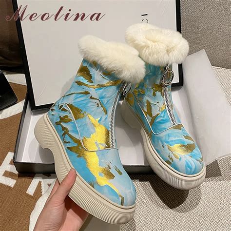 02p Meotina Women Shoes Genuine Leather Wool Snow Boots Platform Thick Med Heel Ladies Boots Z