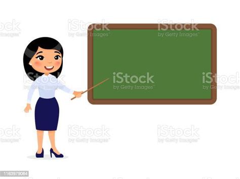 Asian Female Teacher Standing Near Blackboard Flat Vector Illustration Stock Illustration