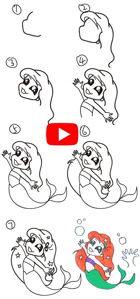 How To Draw Mermaid Ariel Cute And Easy Step By Step Mermaid Drawings