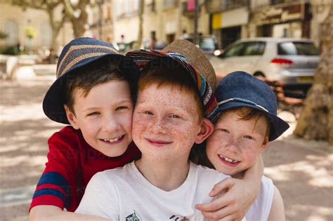 Group Picture Of Three Happy Boys On Holiday Stock Photo