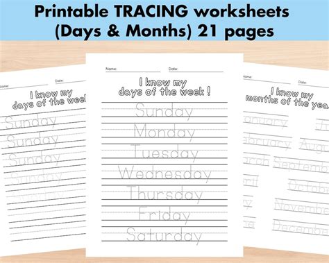 Tracing Months Preschool Worksheets Days Of The Week Etsy